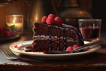 Chocolate cake with raspberries and chocolate sauce on a wooden table