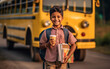A young boy standing with his school backpack waiting in front of yellow school bus. Generative AI