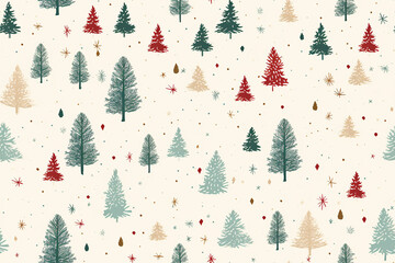 Wall Mural - AI Christmas Seamless Pattern. Merry Christmas Background. Winter Holiday Pattern Design with Trees. Vector Xmas Pattern for Prints, Cards, Fabric, Surface Design.