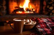 hot chocolate beside a fireplace, no flames visible