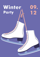 Winter Time. Concept Of Vacation, Party And Travel. Pair Of White Ice Skates. Women's White Skates Hang On A Nail. Winter Sports. Vector Illustration.