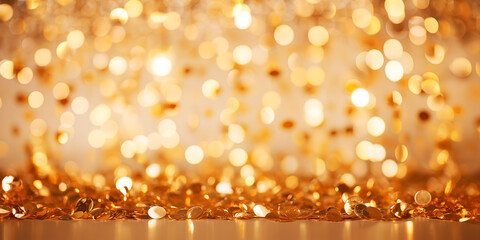 Wall Mural - Golden background with confetti. Christmas, Happy New Year, wedding or birthday concept.