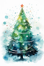 Albero Di Natale In Stile Acquerello, Isolato Su Sfondo Bianco Scontornabile , Formato Verticale