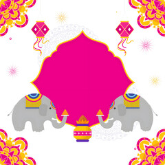 Sticker - Happy Diwali Greeting Card With Blank Frame, Two Elephant Character, Traditional Pot (Kalash), Lantern (Kandeel) Hang in Background