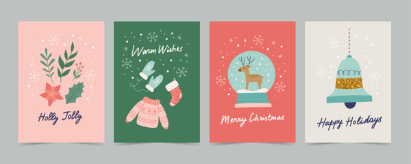 Wall Mural - Christmas card set with decorations and calligraphy. Cute and elegant vector illustration templates in simple style