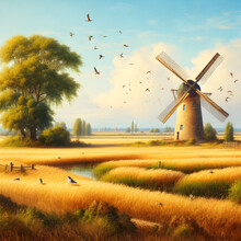 Beautiful Old Traditional Historic Dutch Windmill Rural Landscape Standing In Vibrant Golden Terrain Grass Oat Field Haystacks Of Birds W/ Morning Cloudy Blue Sky Countryside River Holland Netherlands