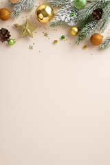 Wall Mural - Christmas magic in vertical photo: top view gleaming tree ornaments, green, orange, and gold baubles, a star ornament, twinkling sequins, frosty fir branch on soft beige with space for your text or ad