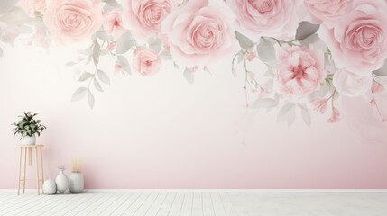 Wall Mural - The pink backdrop serves as a canvas for the delicate and intricate botanical compositions lined with gold.