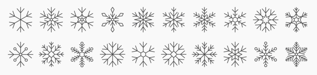 Big set of linear snowflake icons. Editable stroke outline
