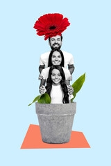 Canvas Print - Vertical collage of pile stack mini black white effect family members inside flower plant pot isolated on blue background