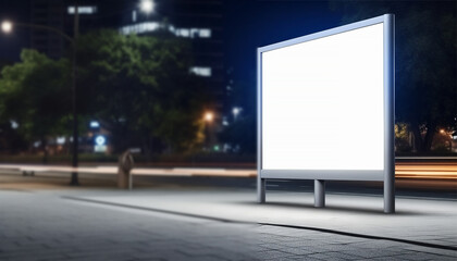 Billboard mockup in the city by night. Empty advertisement board, blank white signboard on roadside in city, blank billboard in city in night time, White signboard or lightbox on roadside for advertis