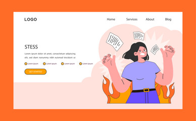 Wall Mural - Professional burnout web banner or landing page. Stress. Young employee on fire at workplace. Work-life disbalance, burning deadline and stress. Woman under job pressure. Flat vector illustration