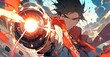 Anime guy shoots a gun, close-up
