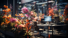 A Realistic Photograph Of A Call Center Sleek Workstations, And A Bright, Inviting Atmosphere, Expansive An Futuristic Space, Serense Vibe, Flowers, Floral. 