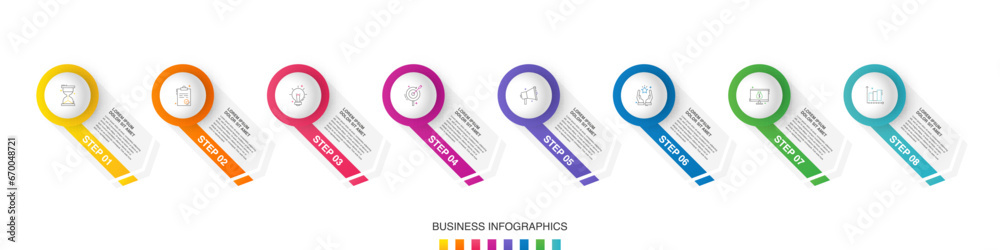 Business vector infographics with 8 circles and arrows. Timeline ...