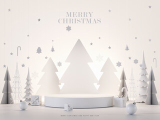 Wall Mural - Christmas greeting card. White paper pine trees with empty stage for product presentation. Christmas mockup white background with empty podium and Christmas decoration. 3D Rendering, 3D Illustration