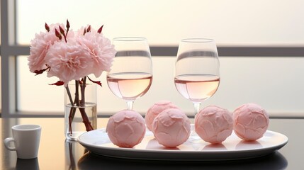 Wall Mural - Set Beautiful Rose Flowers Candies Wine, Background Image, Valentine Background Images, Hd