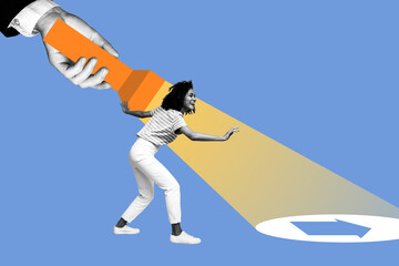 Wall Mural - Young woman collage illustration of searching correct way to discover startup idea flashlight arrow direction isolated on blue background