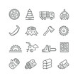 Vector line set of icons related with timber. Contains monochrome icons like sawmill, axe, wood, forestry, chainsaw, circular and more. Simple outline sign.