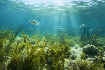 Wall Mural - Underwater life near the seabed at shallow depth