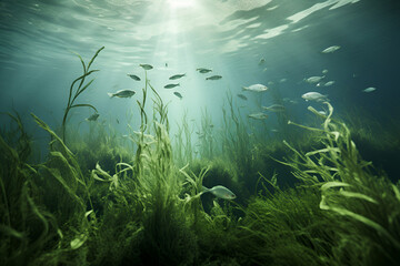 Wall Mural - Colorful water reef with green algae and fishes, with sun rays underwater