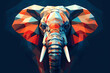 Stylized geometric elephant with a colorful low-poly design on a dark background representing democrats