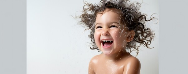 Poster - Happy young toddler girl in fresh shower on white background Generative AI