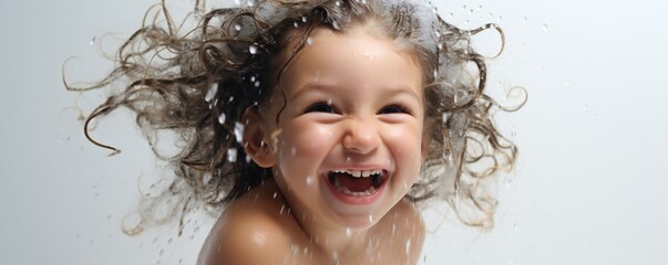 Poster - Happy young toddler girl in fresh shower on white background Generative AI