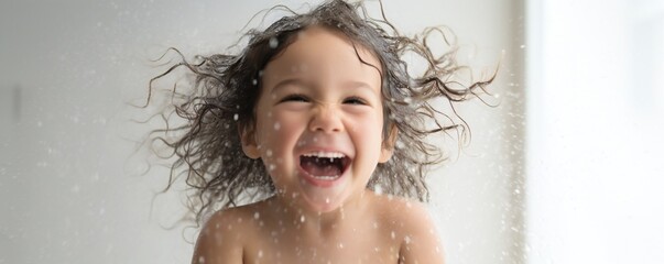 Aufkleber - Happy young toddler girl in fresh shower on white background Generative AI