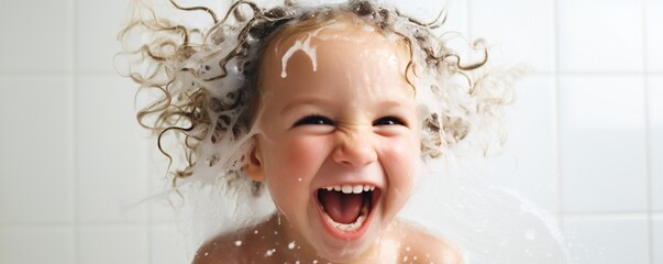 Aufkleber - Happy young toddler girl in fresh shower on white background Generative AI