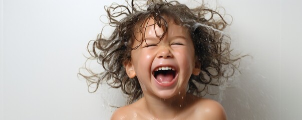 Poster - Happy young toddler girl in fresh shower on white background Generative AI