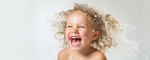 Aufkleber - Happy young toddler girl in fresh shower on white background Generative AI