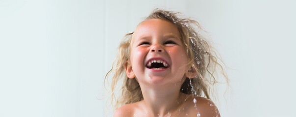 Aufkleber - Happy young toddler girl in fresh shower on white background Generative AI