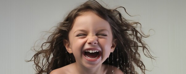 Poster - Happy young toddler girl in fresh shower on white background Generative AI