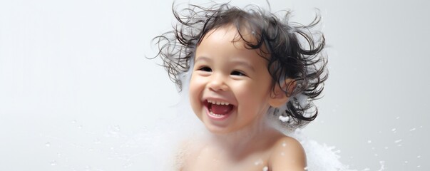 Aufkleber - Happy young toddler girl in fresh shower on white background Generative AI