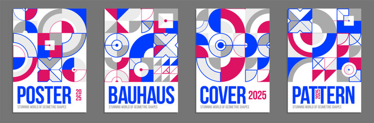 Wall Mural - Geometric vector posters and covers in Bauhaus style, layout for advertisement sheet, tech engineering style shapes mechanical, brochure or book cover.