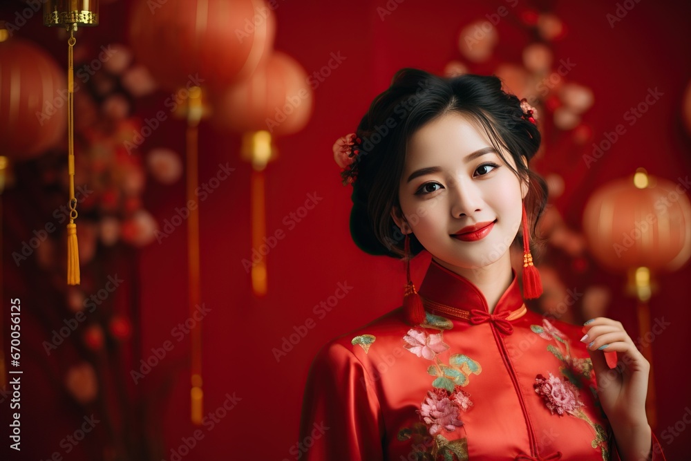 Young Chinese woman dressed in a traditional red dress, on a red ...