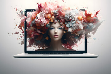 Tablet screen showcasing a woman amidst a vibrant digital floral explosion