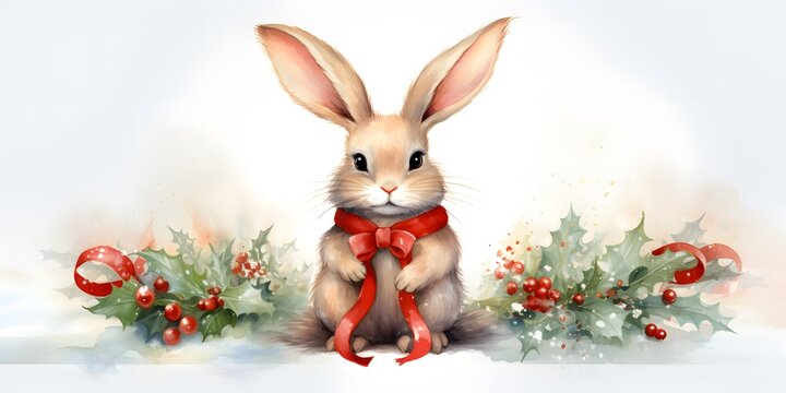 Watercolor vector illustration of Santa Claus bunny with Christmas wreath garland border background on white background