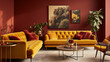 Retro style cozy living room, vibrant mustard yellow walls with a rich burgundy velvet sofa and vintage. Created with generative AI 