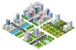 Isometric 3D illustration City with river embankment with people walking bridges