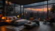 Camera da letto con arredamento moderno con ampia vetrata sulla città al tramonto
