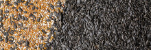 Grain Mixture And Black Sunflower Seeds For Wild Birds. Birdseed For Outdoor Feeders As Background. Top View.