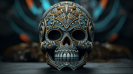 An illustrated skull in Aztec style