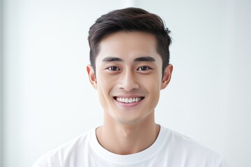 Radiant and cheerful Asian young man showcasing a warm smile against a clean, white background