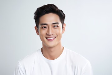 Radiant and cheerful Asian young man showcasing a warm smile against a clean, white background