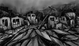 Fototapeta Na sufit - Destroyed buildings, sketch - digital painting 