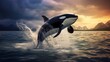 A killer whale jumps out of the water in the middle of the ocean. The strength and power of a large predatory dangerous dolphin . Marine inhabitants. Generative AI.