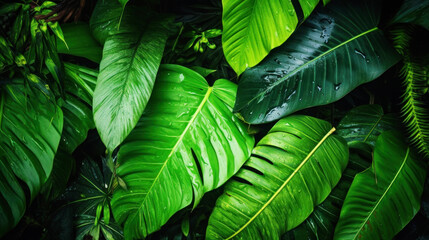 Plants and leaves of the Amazonian vegetation, tropical green leaf contrast, Vibrant Tones, nature backdrop, nature leaves background, summer forest plant concept