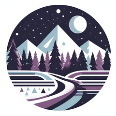 Minimalist landscape of a winter night. Landscape illustration on white background for designs